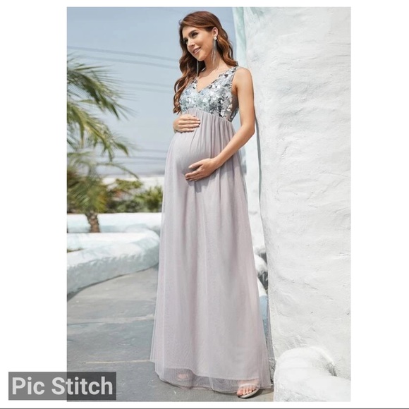 Maternity Contrast Sequin Mesh Dress Maxi Gown S - Picture 4 of 6